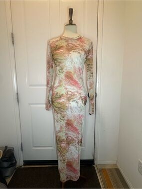 Long Sleeve Marble-Print Maxi Dress in White, Pink & Green